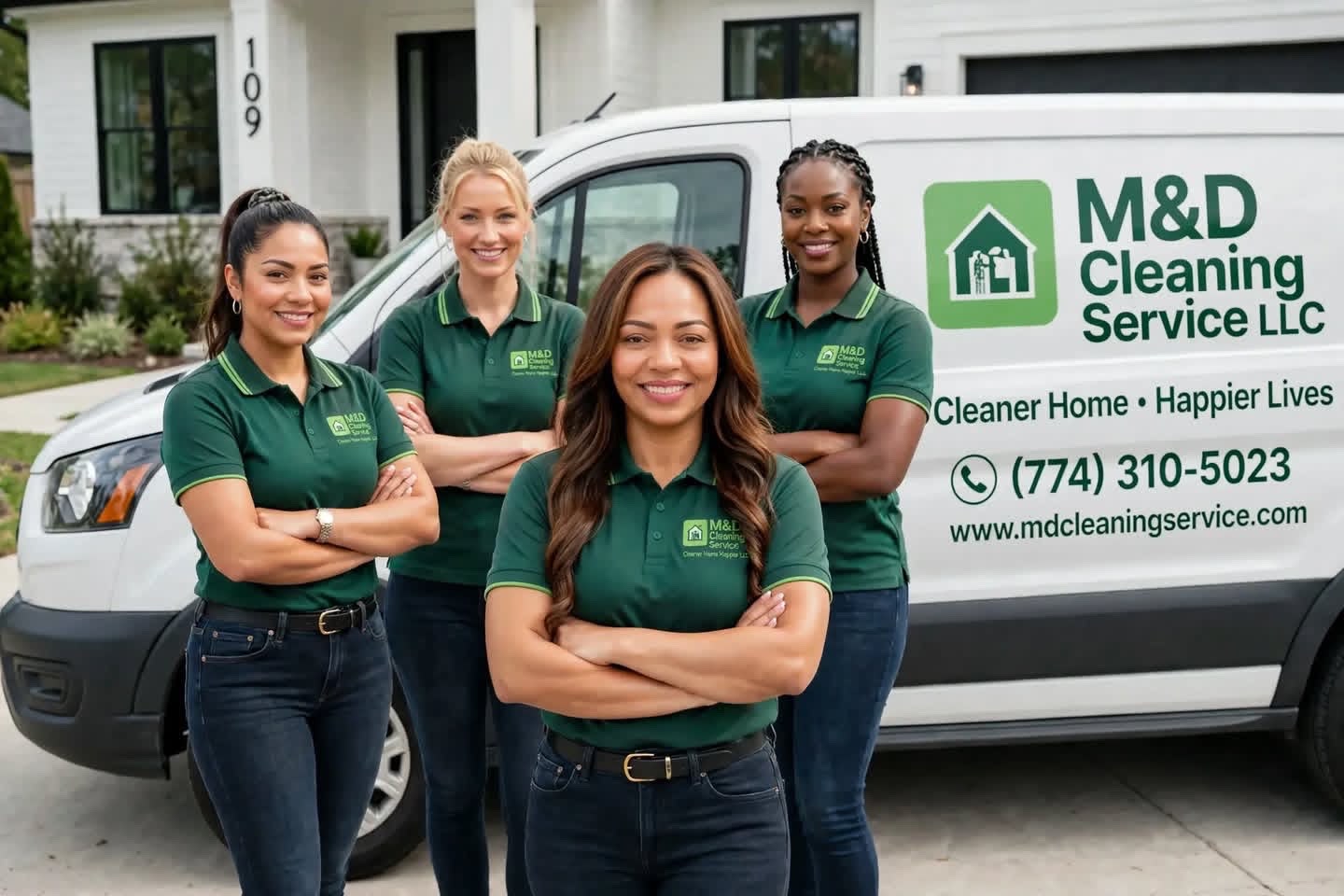 MD Cleaning Services LLC team in green uniforms standing in front of their company van